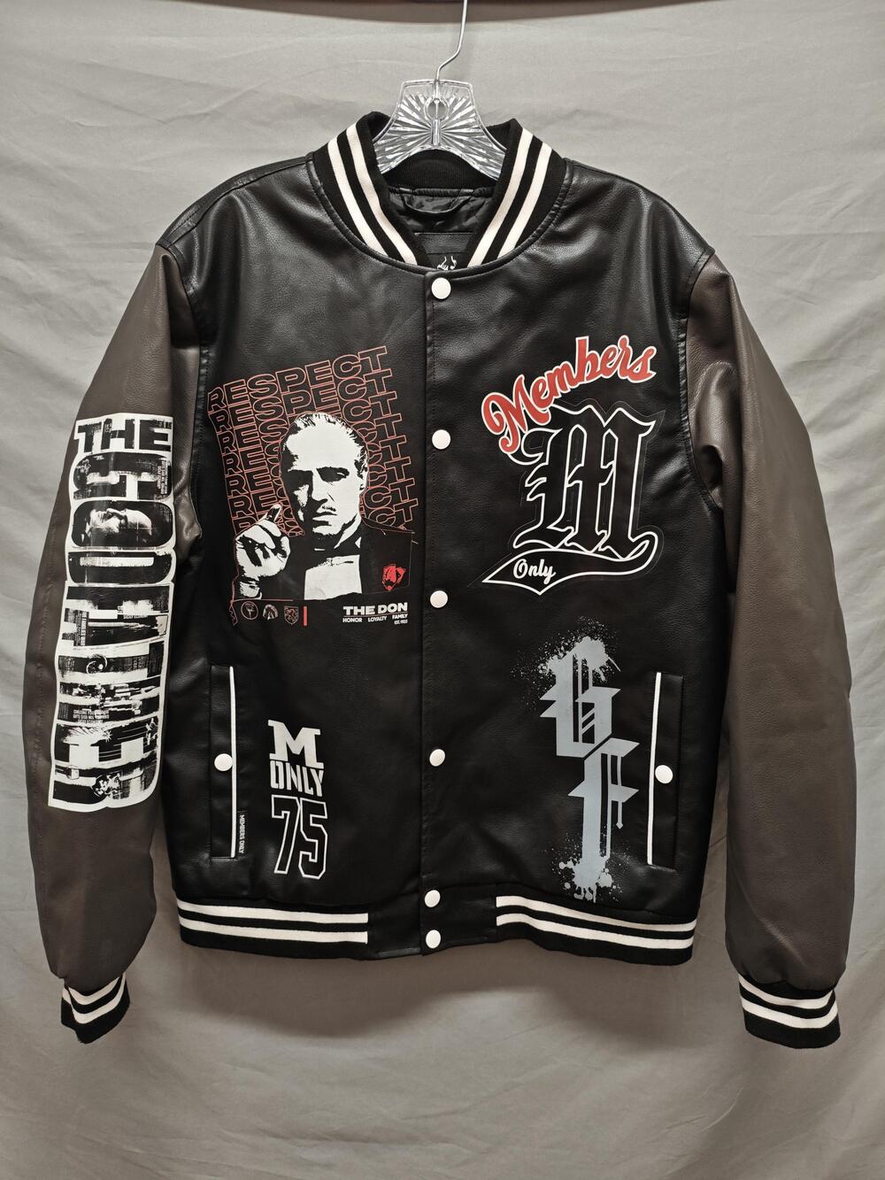 Members Only Jacket Mens Medium Black Gray The Godfather Varsity Faux Leather